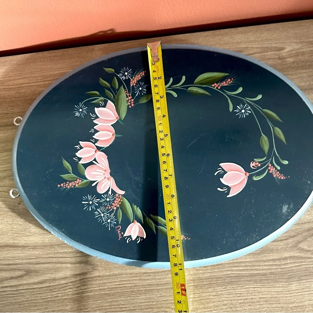 Hand Painted Flowers Wood Wall Plaque Oval Vintage Floral Folk Art Elaine Boho